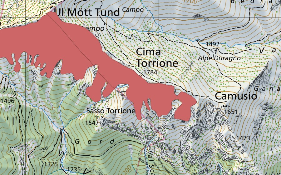 Carte nationale swisstopo avec le périmètre protégé de M. Tamaro (Prairie sèche)