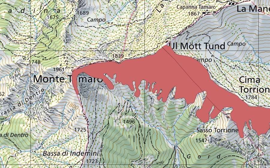 Carte nationale swisstopo avec le périmètre protégé de M. Tamaro (Prairie sèche)