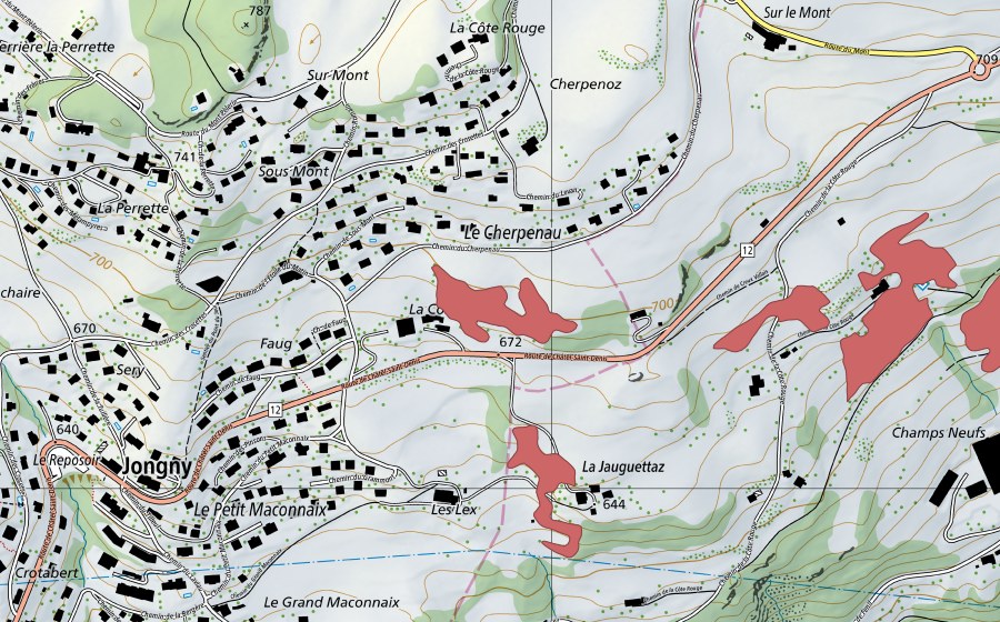 Carte nationale swisstopo avec le périmètre protégé de Maconnex (Prairie sèche)