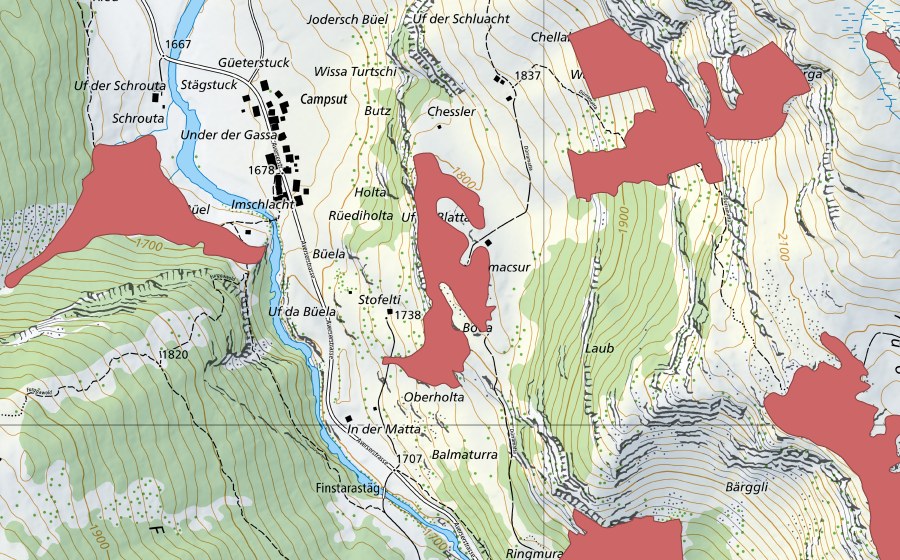 Carte nationale swisstopo avec le périmètre protégé de Macsur (Prairie sèche)