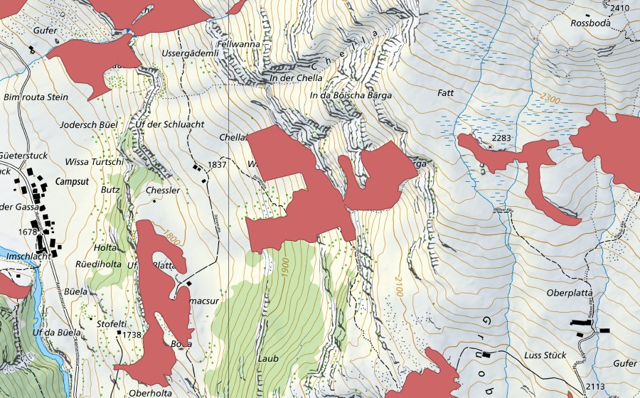 swisstopo national map showing the protected perimeter of Macsur (Dry meadow)
