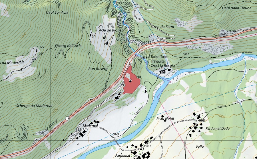 Landeskarte swisstopo mit dem Schutzperimeter von Madernal (Trockenwiese)