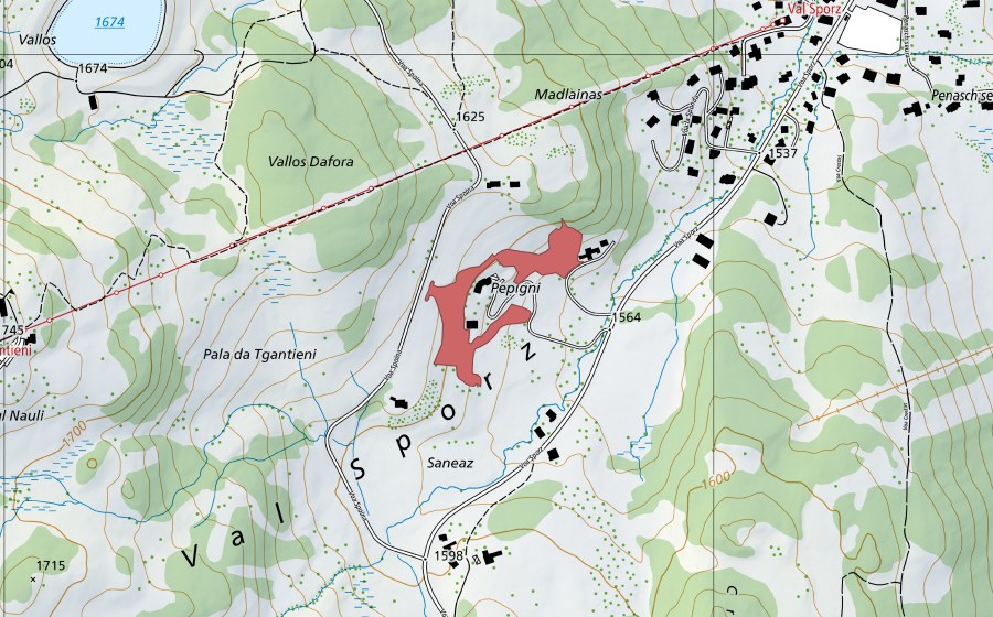 Carte nationale swisstopo avec le périmètre protégé de Madlainas (Prairie sèche)