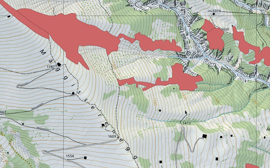 Carte nationale swisstopo avec le périmètre protégé de Mäggisserenegg (Prairie sèche)
