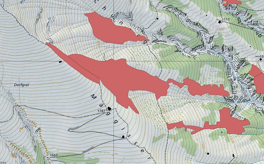 Landeskarte swisstopo mit dem Schutzperimeter von Mäggisserenegg (Trockenwiese)