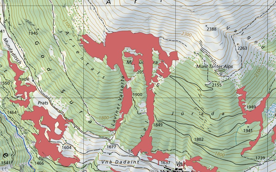 Carte nationale swisstopo avec le périmètre protégé de Magnüda Sura (Prairie sèche)