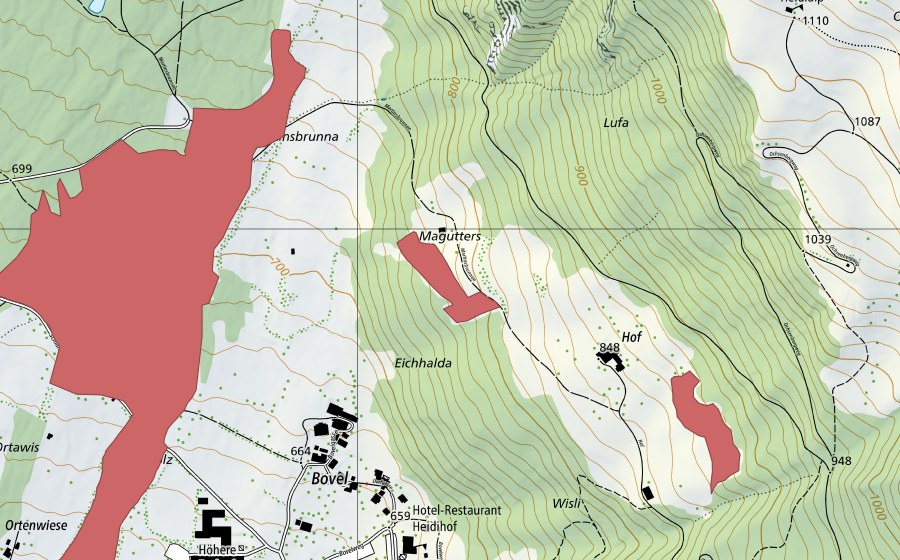 Carte nationale swisstopo avec le périmètre protégé de Magutters (Prairie sèche)