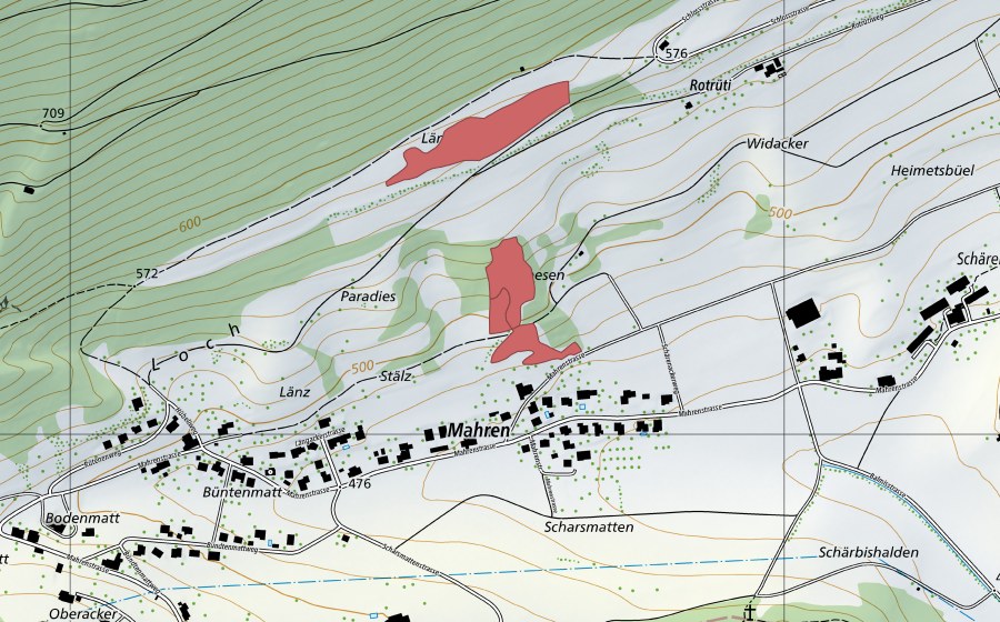 swisstopo national map showing the protected perimeter of Mahren (Dry meadow)