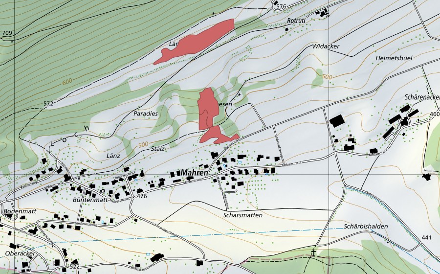 Carte nationale swisstopo avec le périmètre protégé de Mahren (Prairie sèche)