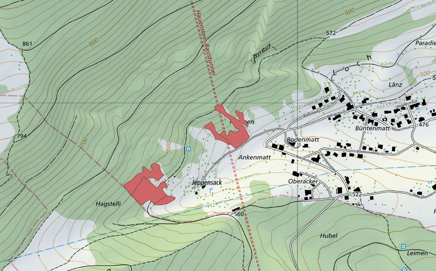 Landeskarte swisstopo mit dem Schutzperimeter von Mahren (Trockenwiese)