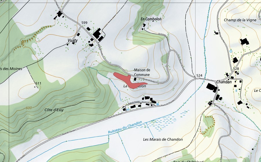 swisstopo national map showing the protected perimeter of Maison de Commune (Dry meadow)