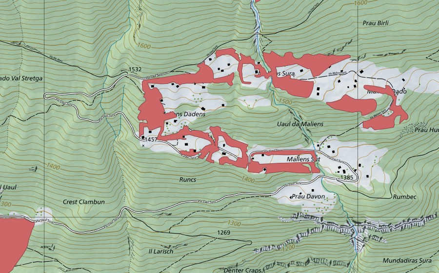 Landeskarte swisstopo mit dem Schutzperimeter von Maliens Sura (Trockenwiese)