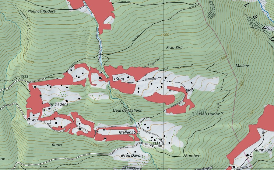 Carte nationale swisstopo avec le périmètre protégé de Maliens Sura (Prairie sèche)