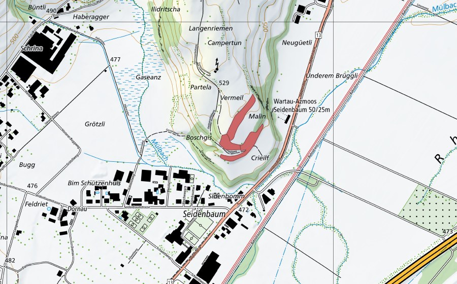 Landeskarte swisstopo mit dem Schutzperimeter von Malin (Trockenwiese)