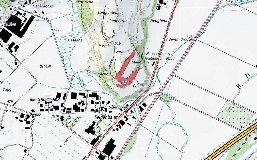 Carte nationale swisstopo avec le périmètre protégé de Malin (Prairie sèche)