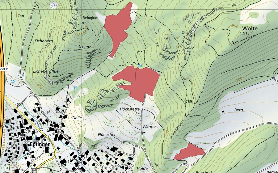 Carte nationale swisstopo avec le périmètre protégé de Mälste (Prairie sèche)