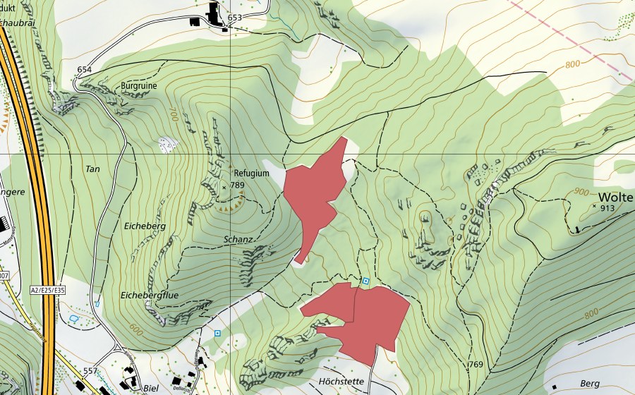 Carte nationale swisstopo avec le périmètre protégé de Mälste (Prairie sèche)