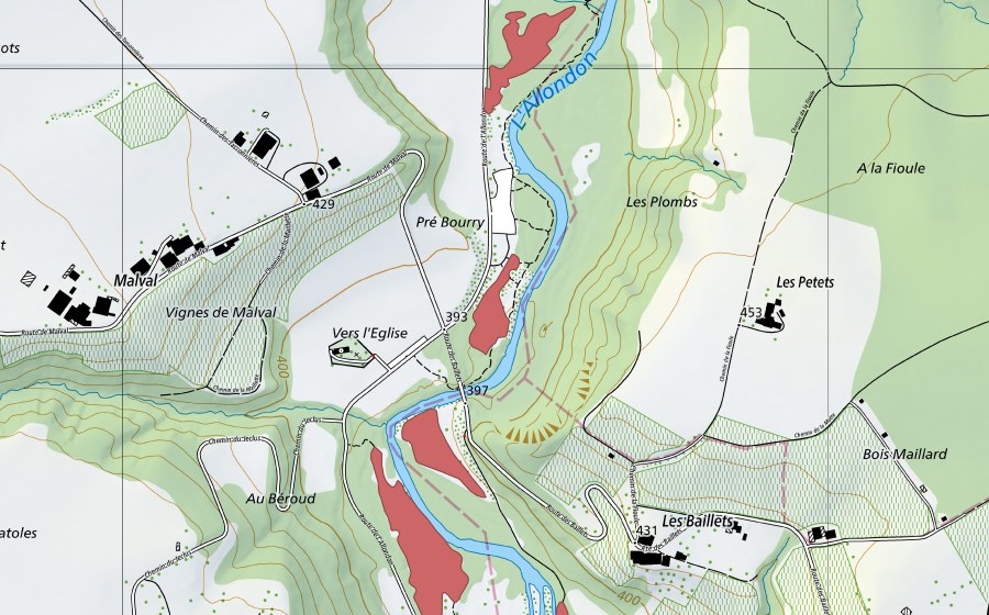 Carte nationale swisstopo avec le périmètre protégé de Malval (Prairie sèche)