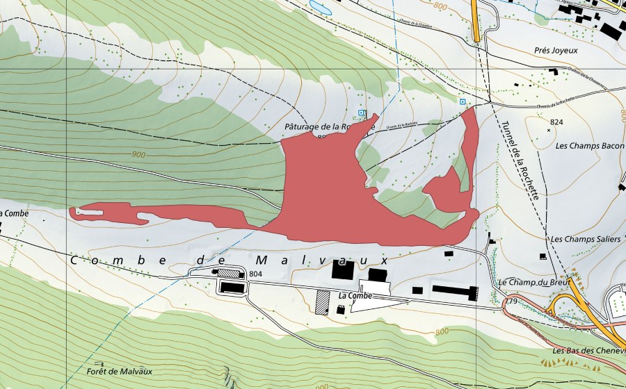 Carte nationale swisstopo avec le périmètre protégé de Malvaux (Prairie sèche)