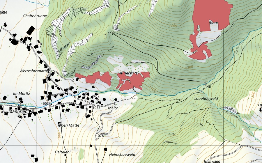 Carte nationale swisstopo avec le périmètre protégé de Mannried (Prairie sèche)