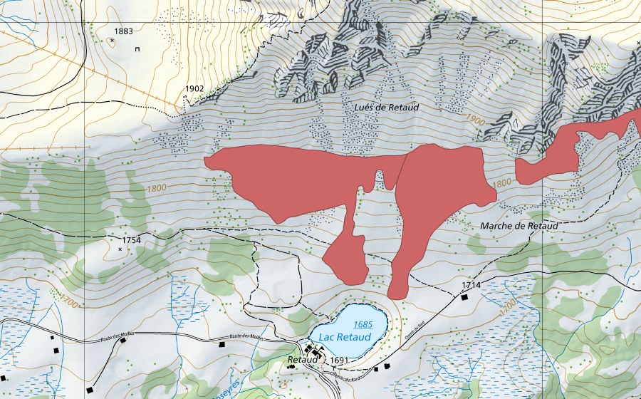 swisstopo national map showing the protected perimeter of Marche de Retaud (Dry meadow)
