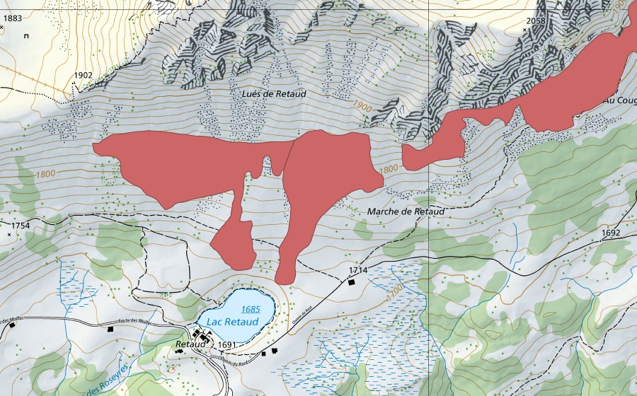 Landeskarte swisstopo mit dem Schutzperimeter von Marche de Retaud (Trockenwiese)
