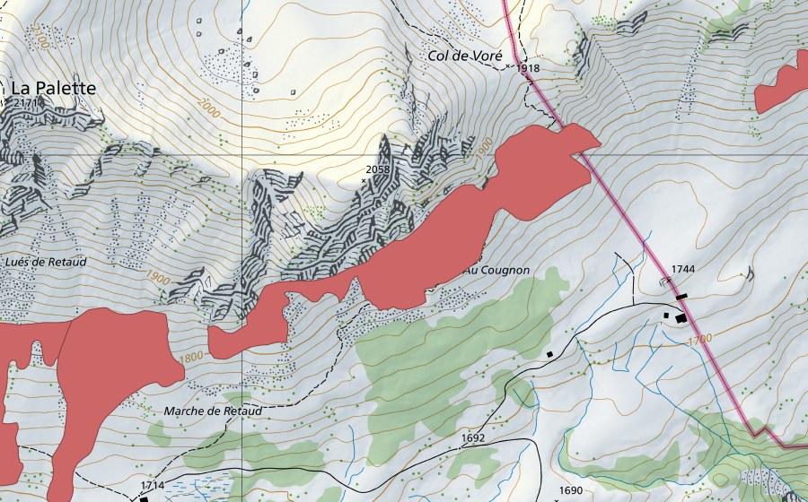 Carte nationale swisstopo avec le périmètre protégé de Marche de Retaud (Prairie sèche)
