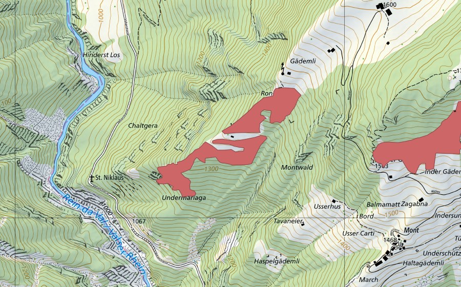Carte nationale swisstopo avec le périmètre protégé de Mariaga (Prairie sèche)