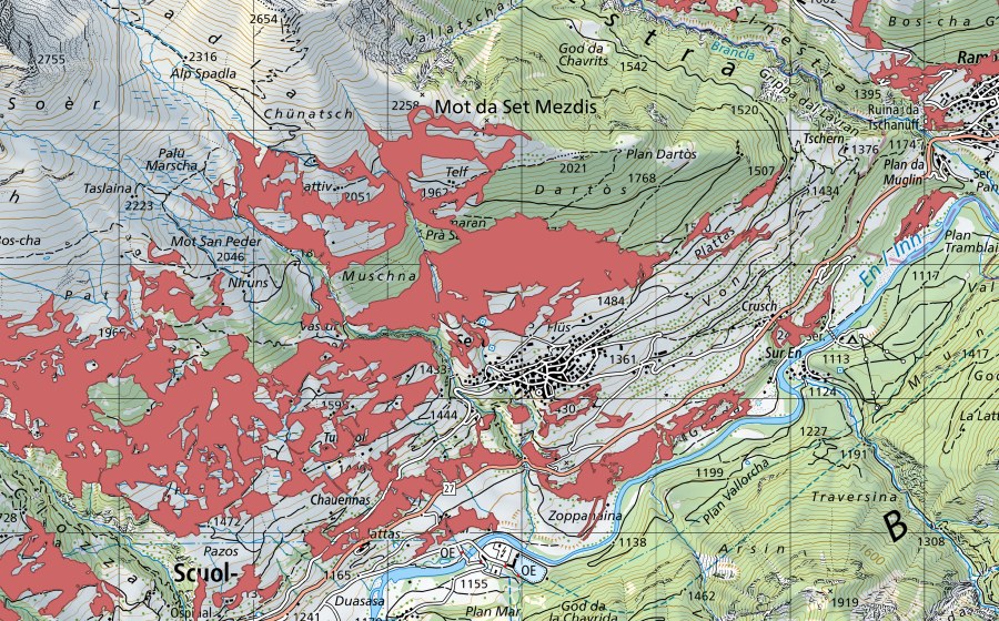 Carta nazionale swisstopo con il perimetro protetto di Marièrs (Prato secco)