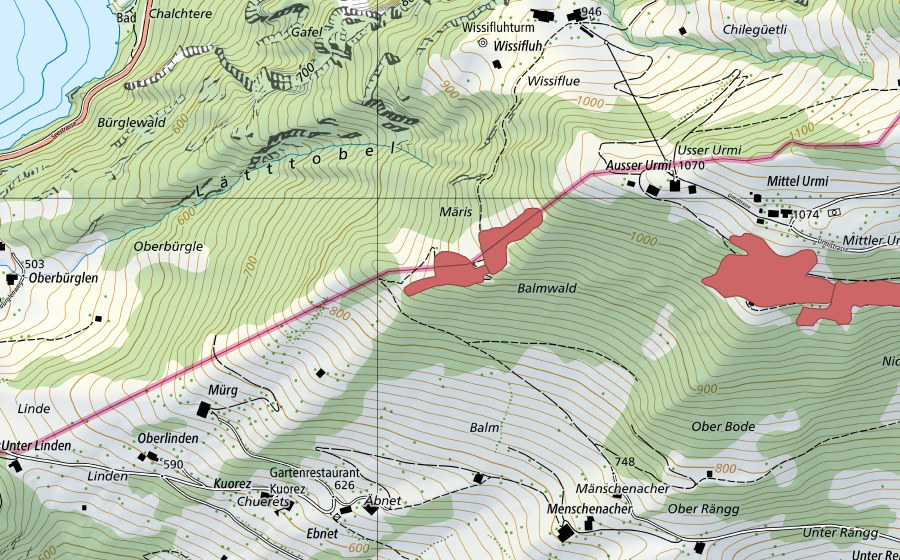 Carte nationale swisstopo avec le périmètre protégé de Märis (Prairie sèche)