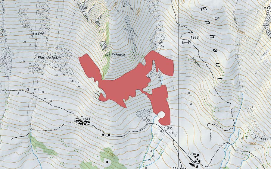 swisstopo national map showing the protected perimeter of Marnex d'en Haut (Dry meadow)