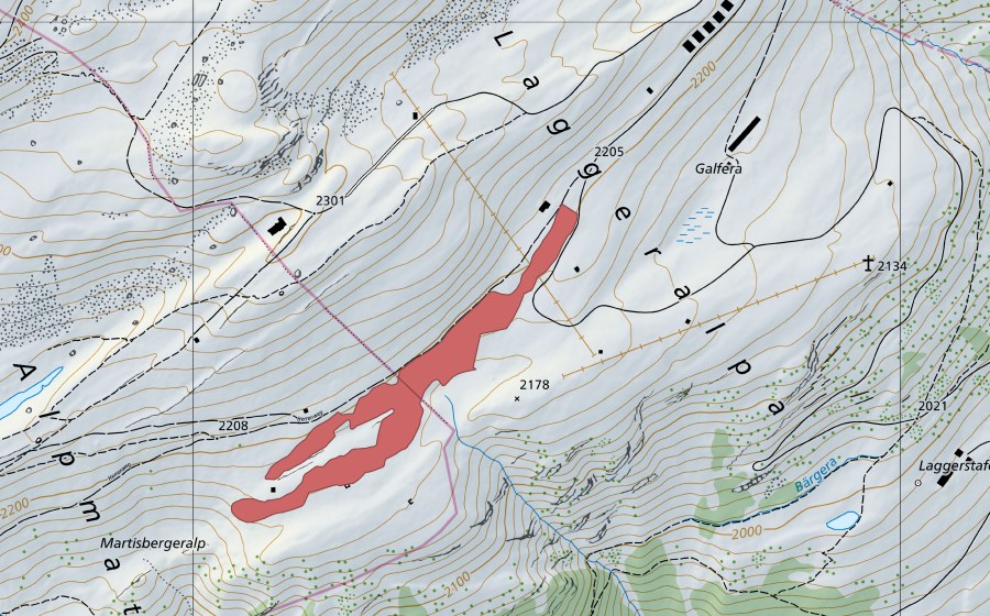 Carte nationale swisstopo avec le périmètre protégé de Martisbergeralp (Prairie sèche)