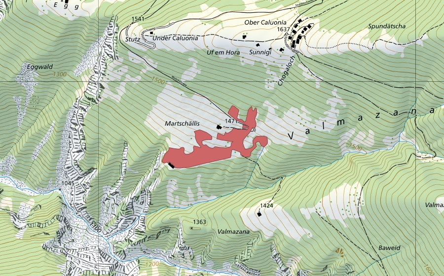 Landeskarte swisstopo mit dem Schutzperimeter von Martschällis (Trockenwiese)