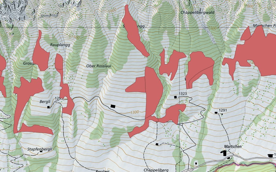Carte nationale swisstopo avec le périmètre protégé de Martschen (Prairie sèche)