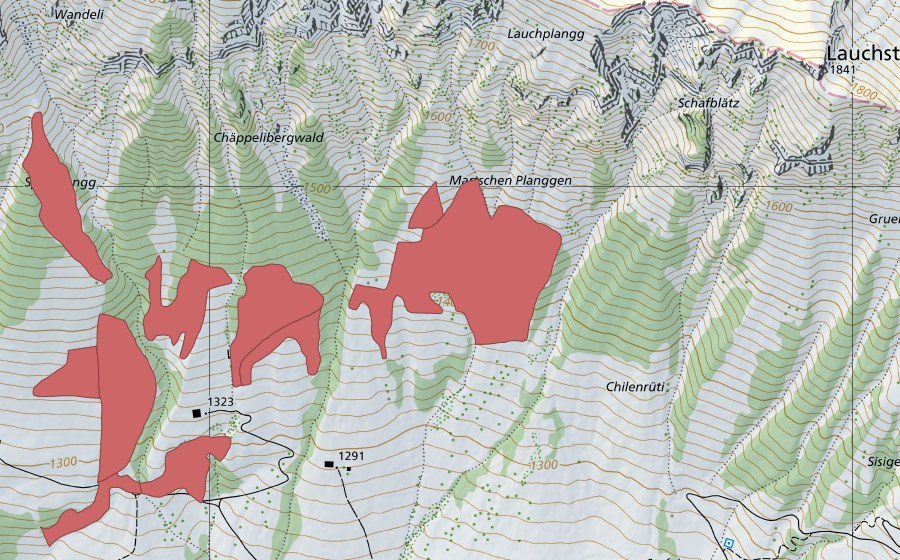 Carte nationale swisstopo avec le périmètre protégé de Martschen (Prairie sèche)