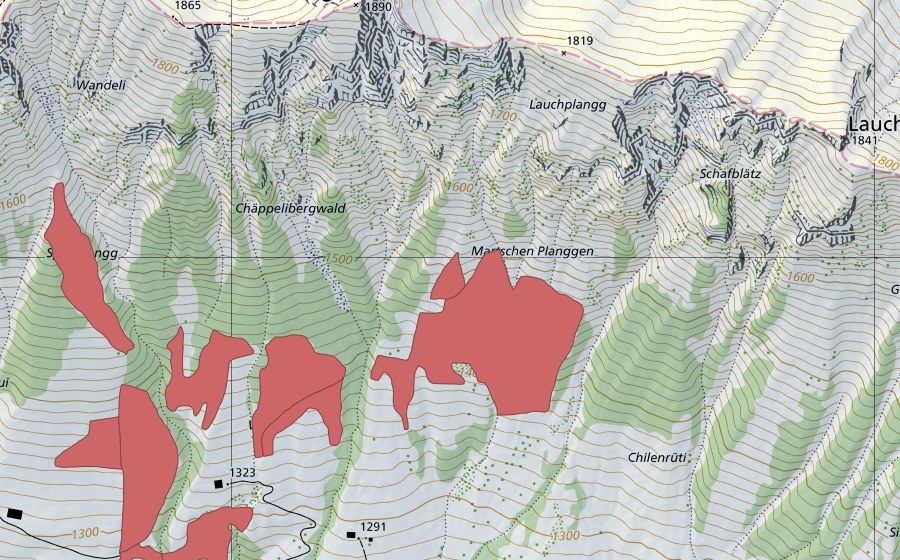 Landeskarte swisstopo mit dem Schutzperimeter von Martschen (Trockenwiese)