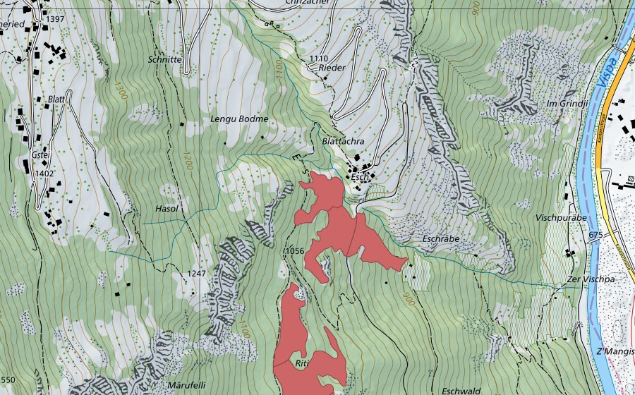Carte nationale swisstopo avec le périmètre protégé de Märufälli (Prairie sèche)