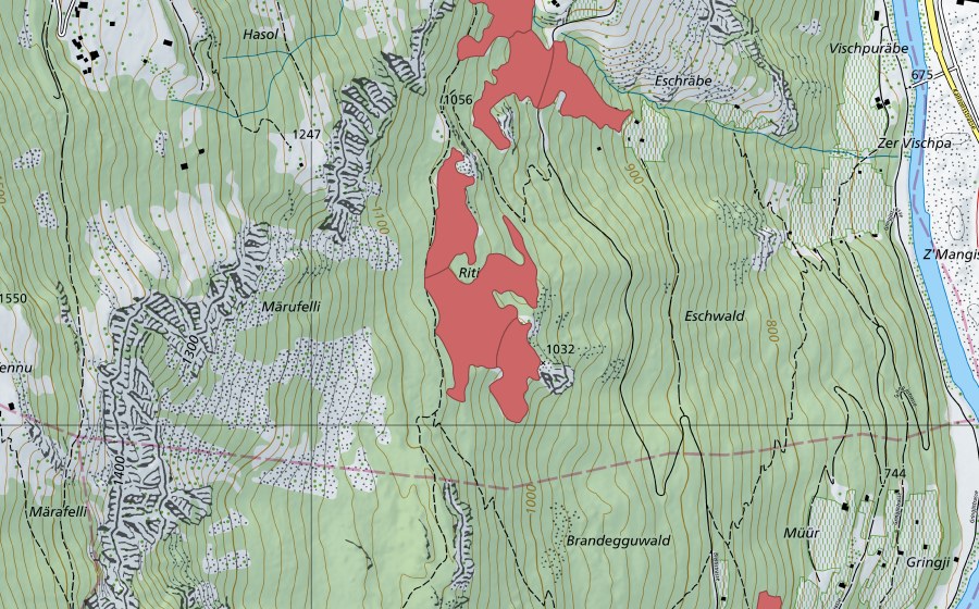 Carte nationale swisstopo avec le périmètre protégé de Märufälli (Prairie sèche)