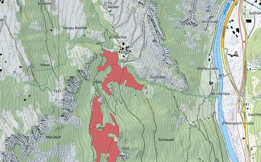 Landeskarte swisstopo mit dem Schutzperimeter von Märufälli (Trockenwiese)