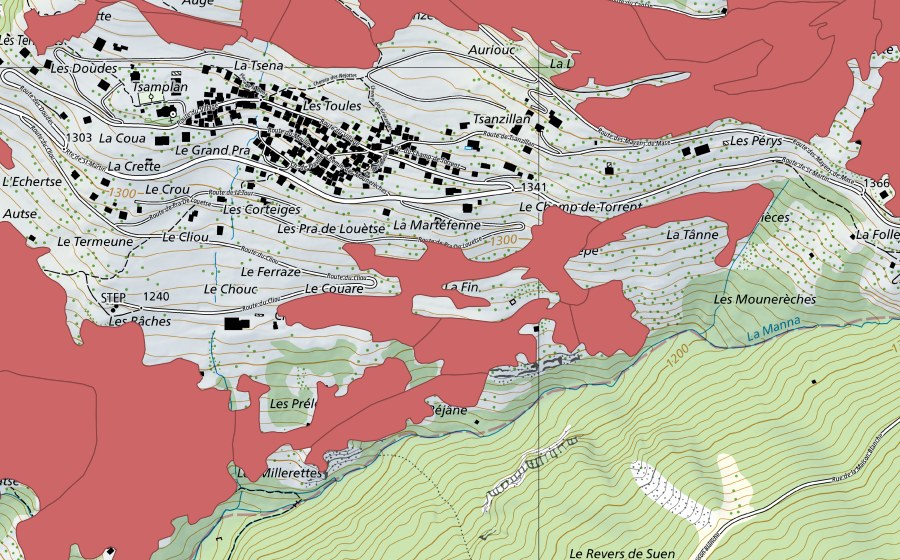 Carte nationale swisstopo avec le périmètre protégé de Mase (Prairie sèche)