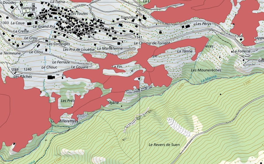 swisstopo national map showing the protected perimeter of Mase (Dry meadow)