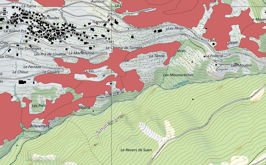 swisstopo national map showing the protected perimeter of Mase (Dry meadow)