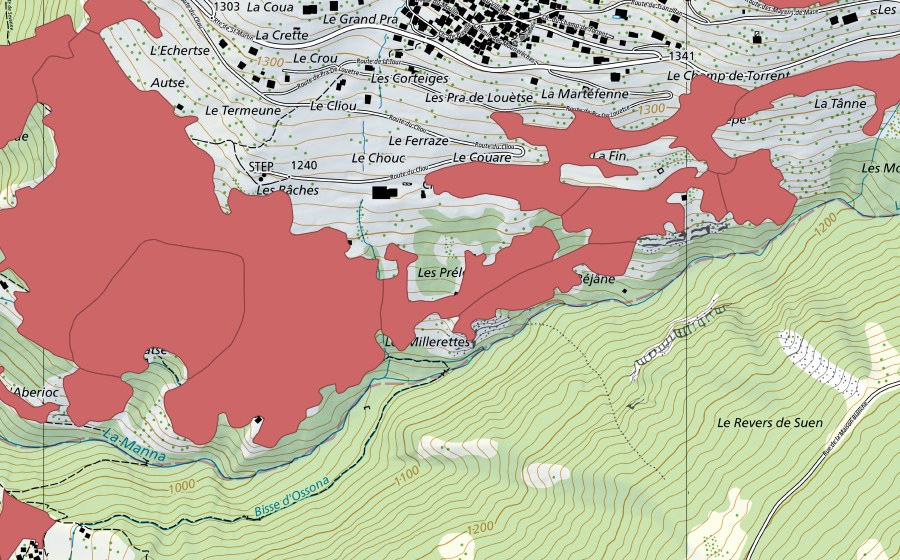 Landeskarte swisstopo mit dem Schutzperimeter von Mase (Trockenwiese)