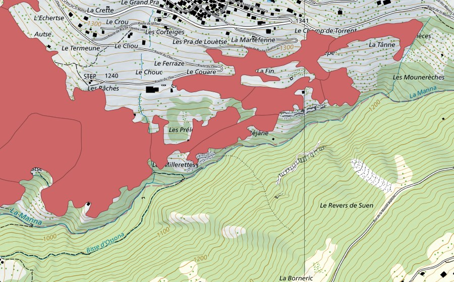 Landeskarte swisstopo mit dem Schutzperimeter von Mase (Trockenwiese)