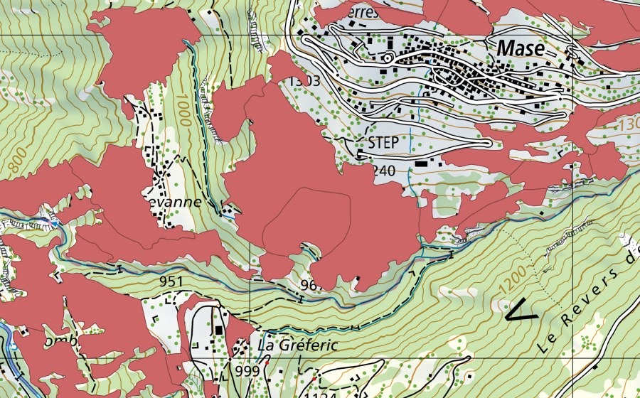 Carte nationale swisstopo avec le périmètre protégé de Mase (Prairie sèche)