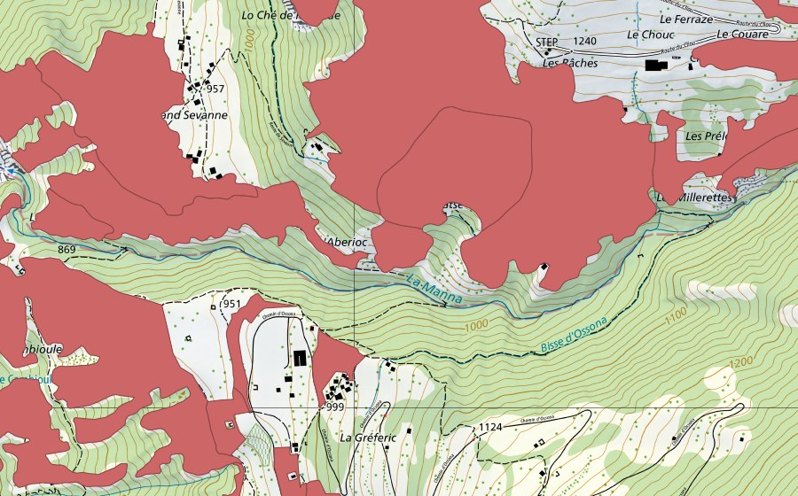 Carte nationale swisstopo avec le périmètre protégé de Mase (Prairie sèche)