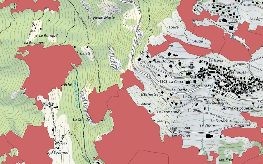 Carte nationale swisstopo avec le périmètre protégé de Mase (Prairie sèche)