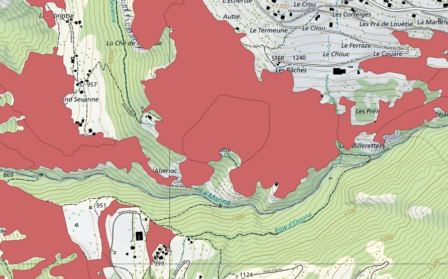 swisstopo national map showing the protected perimeter of Mase (Dry meadow)