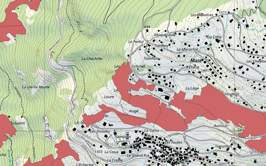 Carte nationale swisstopo avec le périmètre protégé de Mase (Prairie sèche)