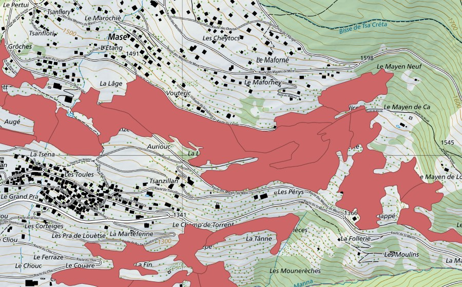 Landeskarte swisstopo mit dem Schutzperimeter von Mase (Trockenwiese)